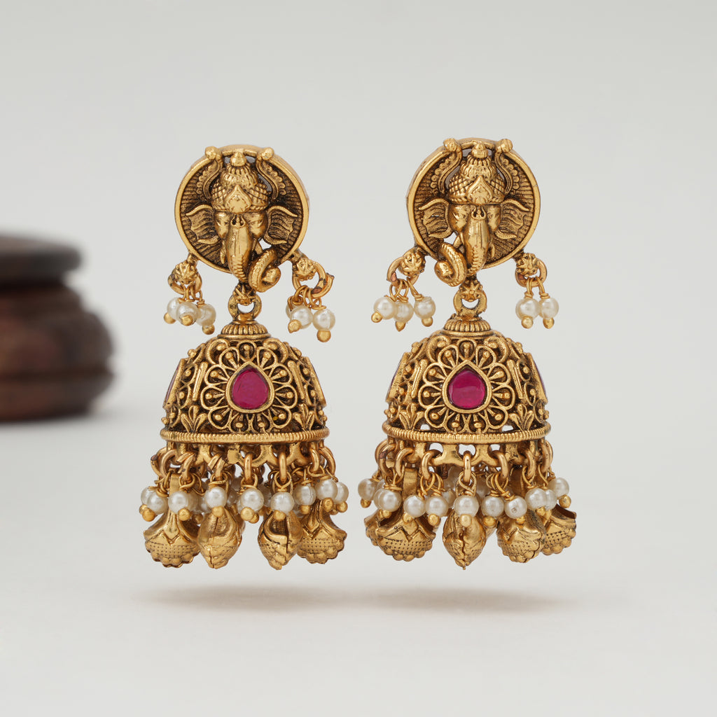 Lord Ganesh gold ruby jhumka earring