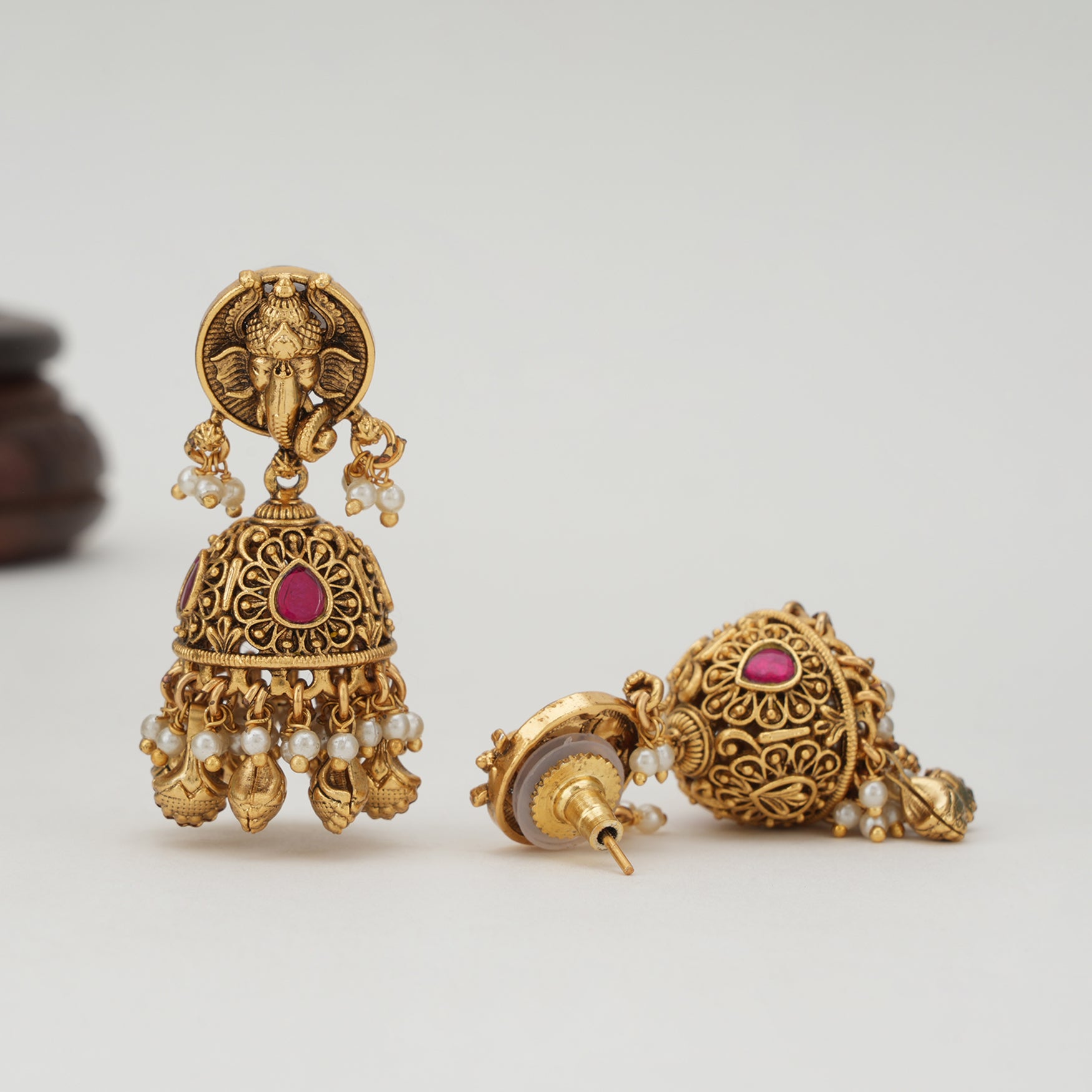 Lord Ganesh gold ruby jhumka earring