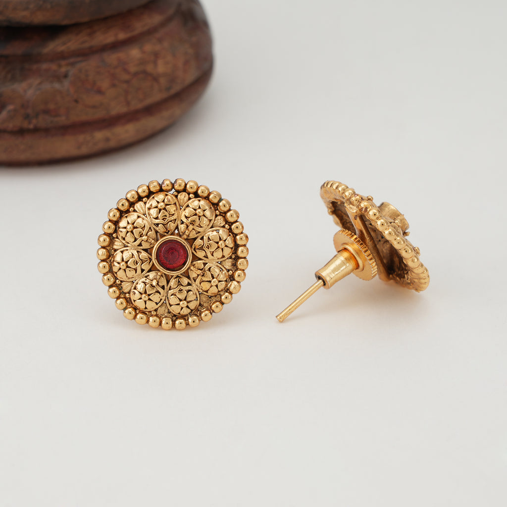 Cute filigree ruby stud gold earring