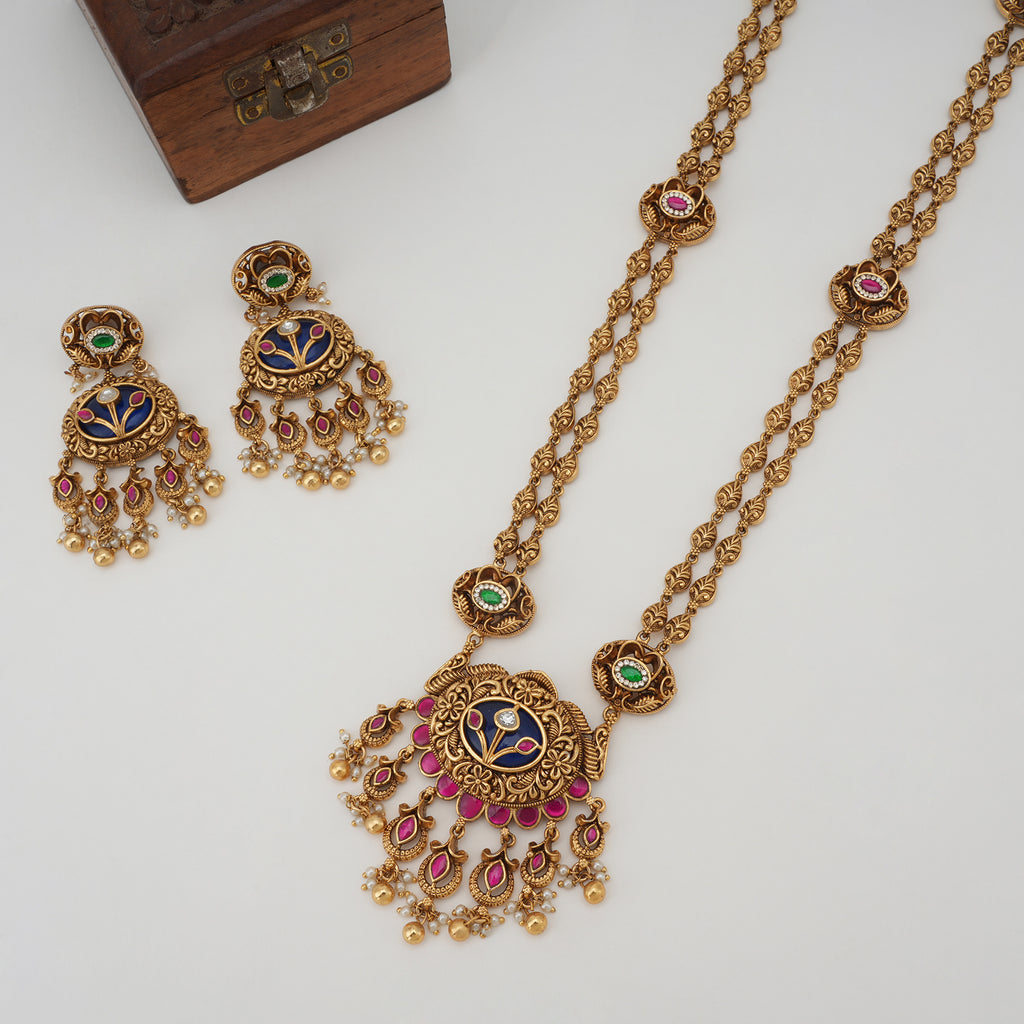 Long stunning meenakari stone gold necklace set