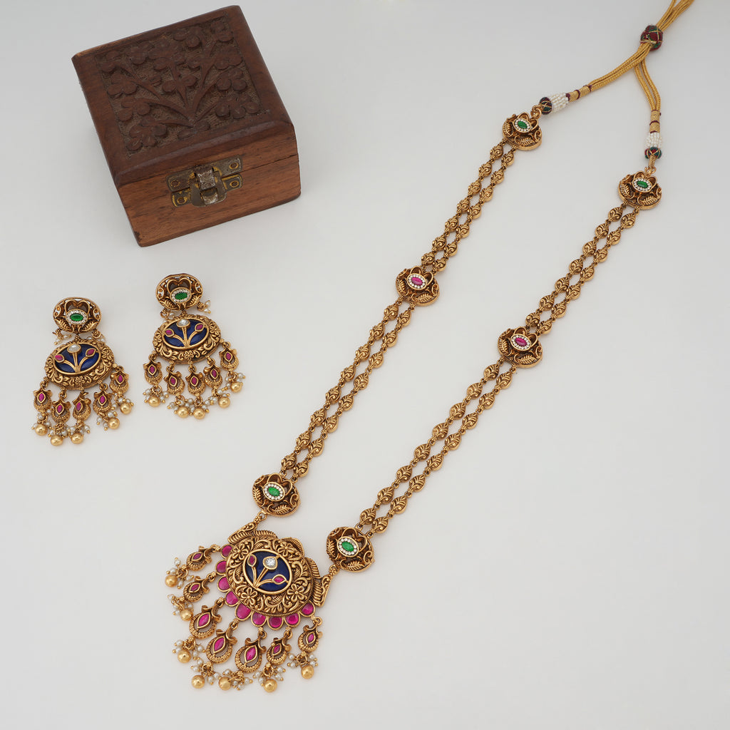Long stunning meenakari stone gold necklace set