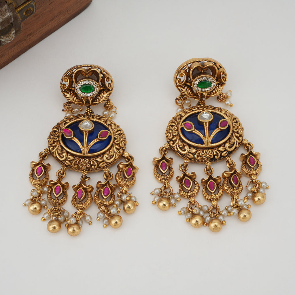 Long stunning meenakari stone gold necklace set