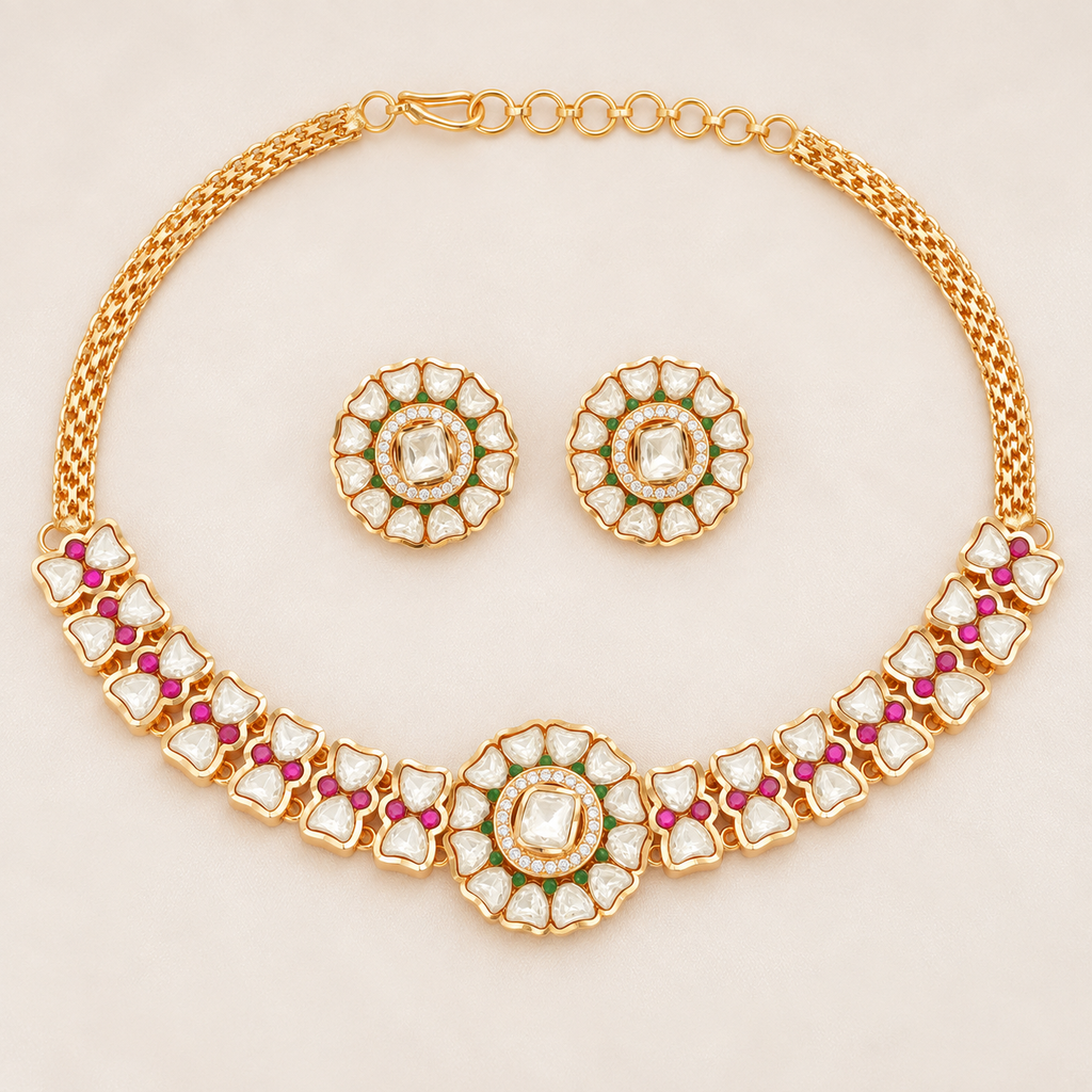 Floral Kundan Choker Necklace Set with Earrings