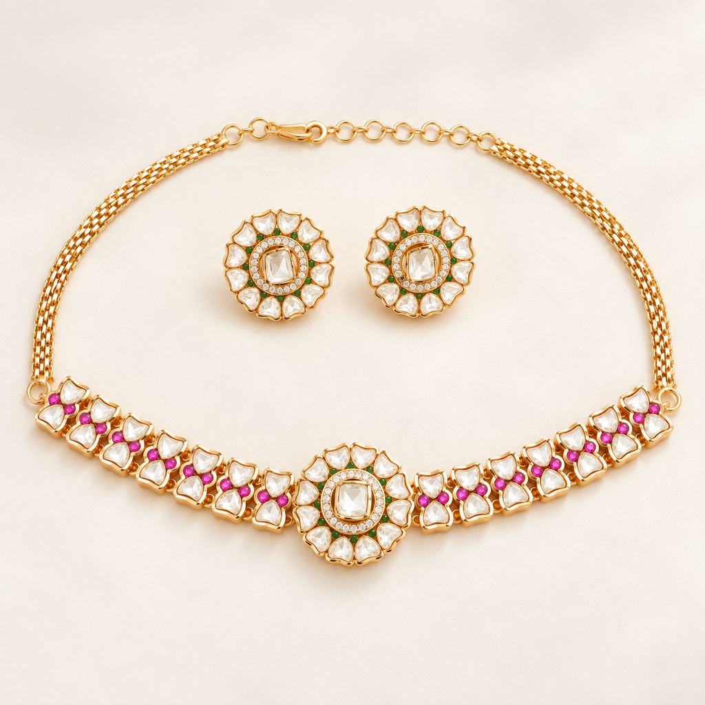 Floral Kundan Choker Necklace Set with Earrings