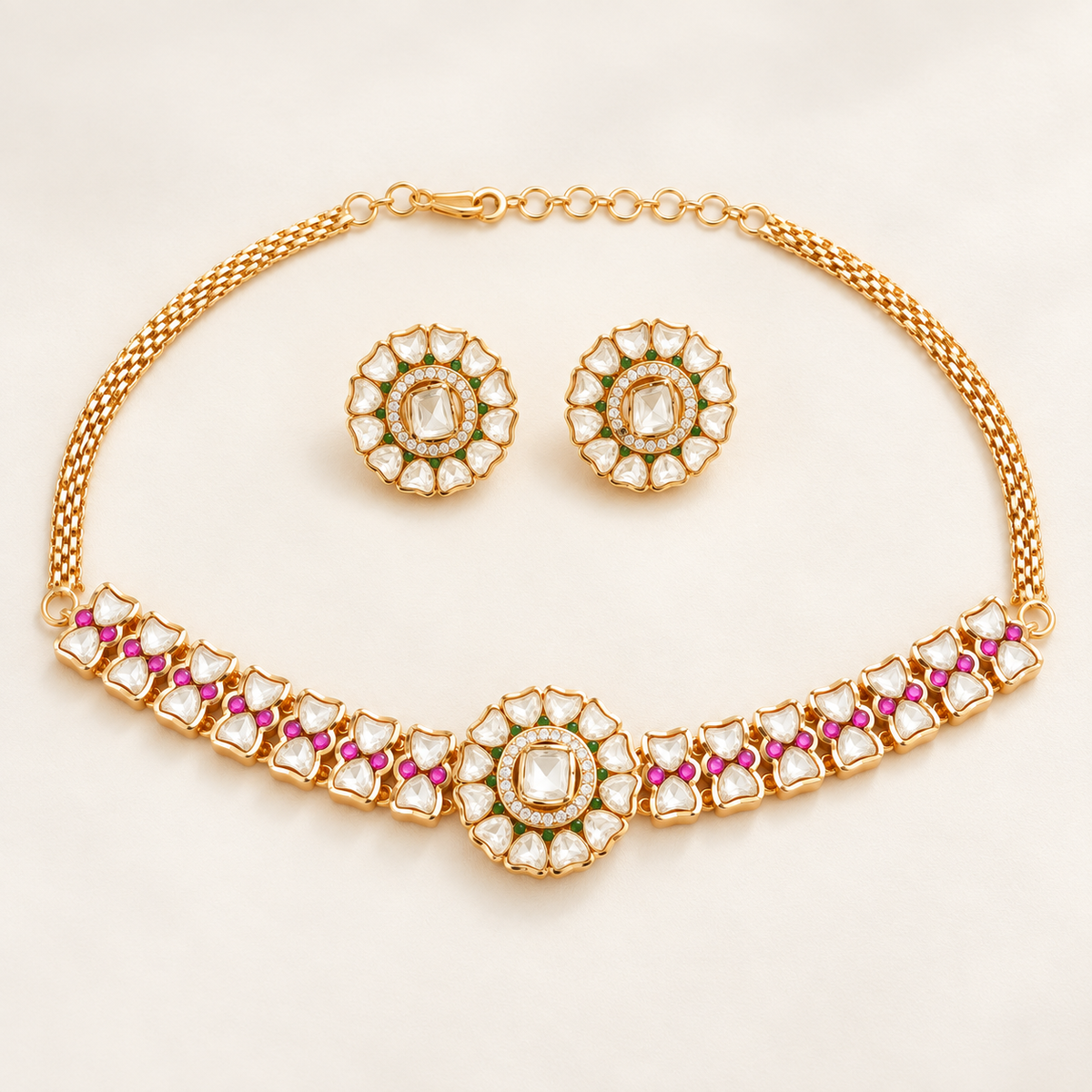 Floral Kundan Choker Necklace Set with Earrings