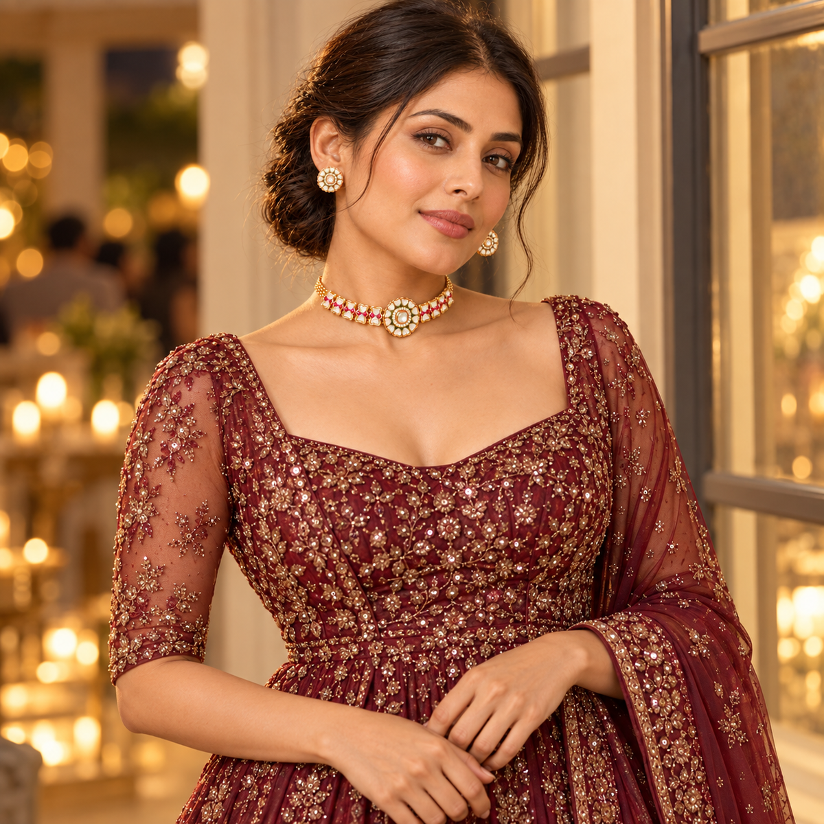 Floral Kundan Choker Necklace Set with Earrings