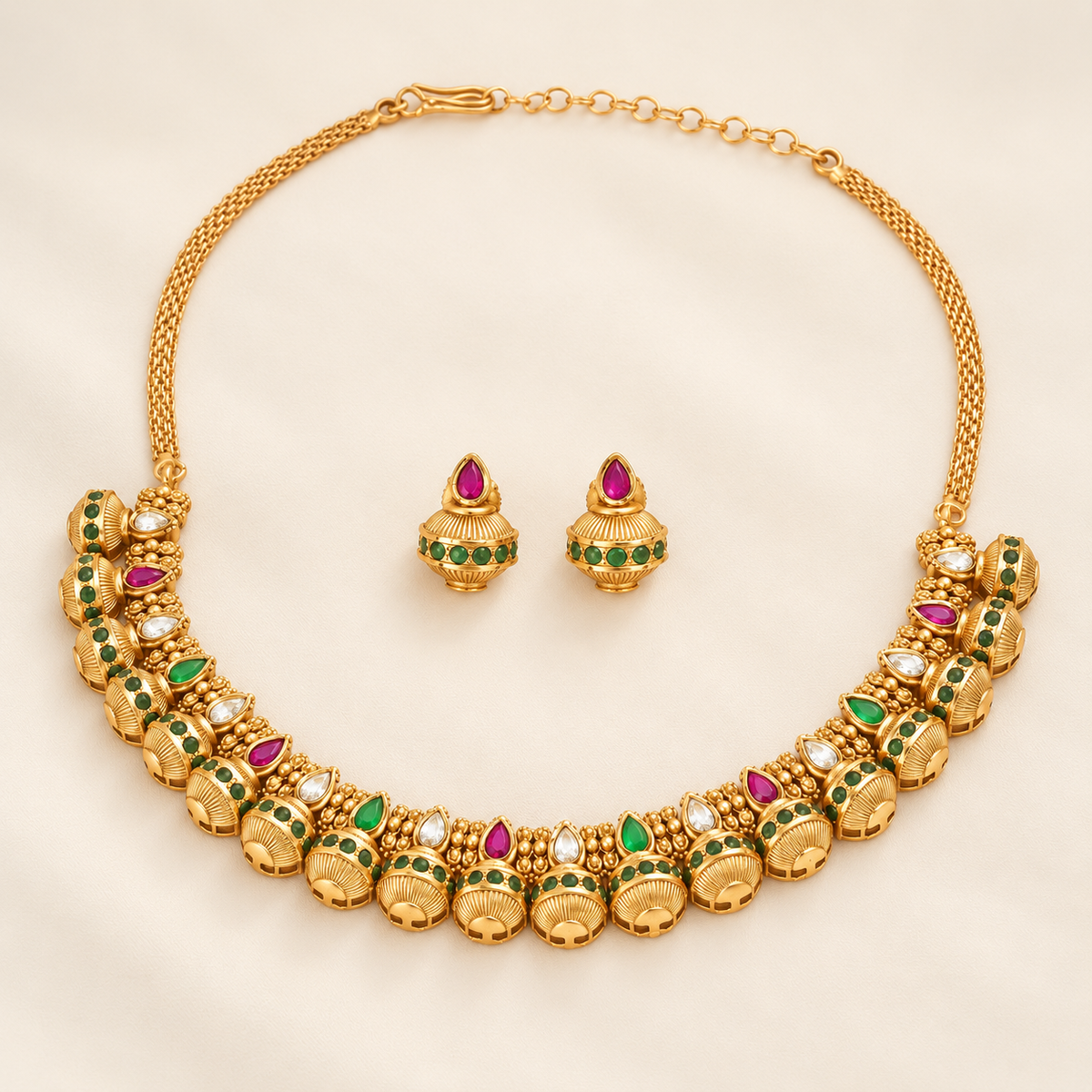 Gold Ruby Green Kundan Necklace Set
