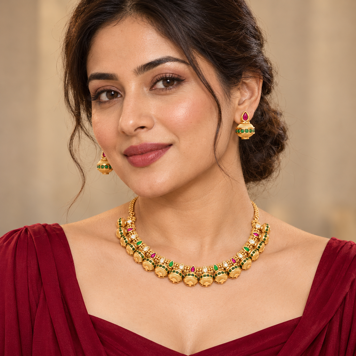 Gold Ruby Green Kundan Necklace Set