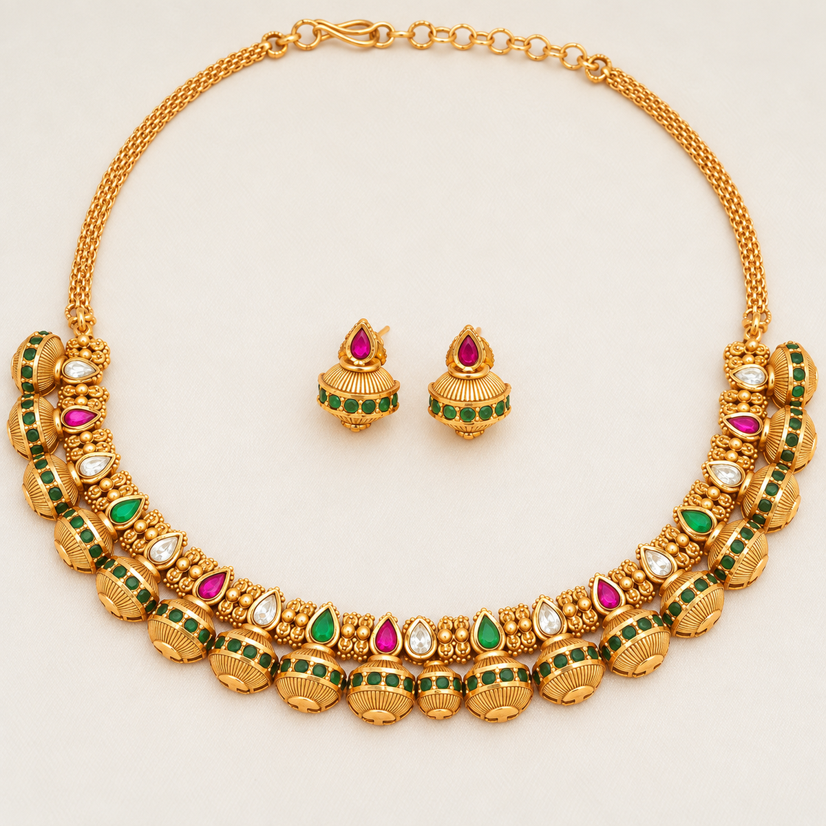 Gold Ruby Green Kundan Necklace Set