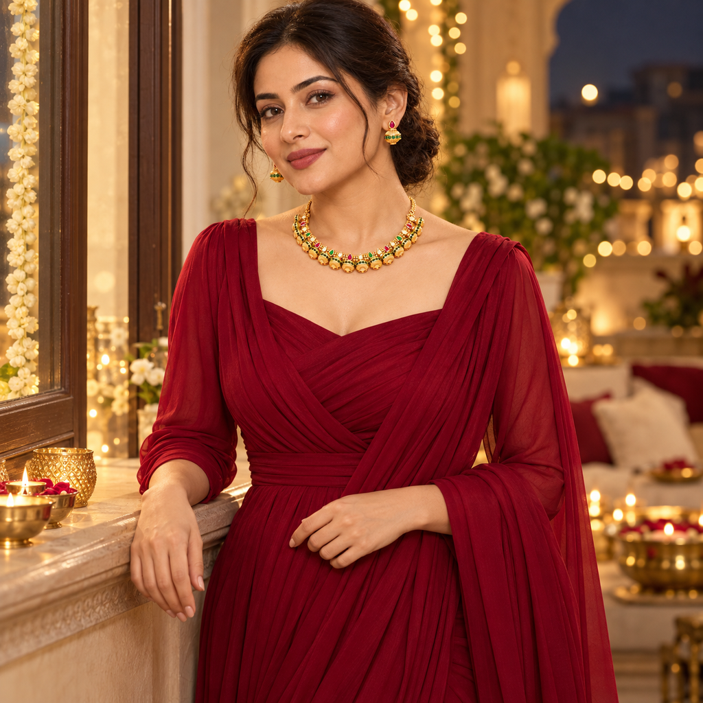 Gold Ruby Green Kundan Necklace Set