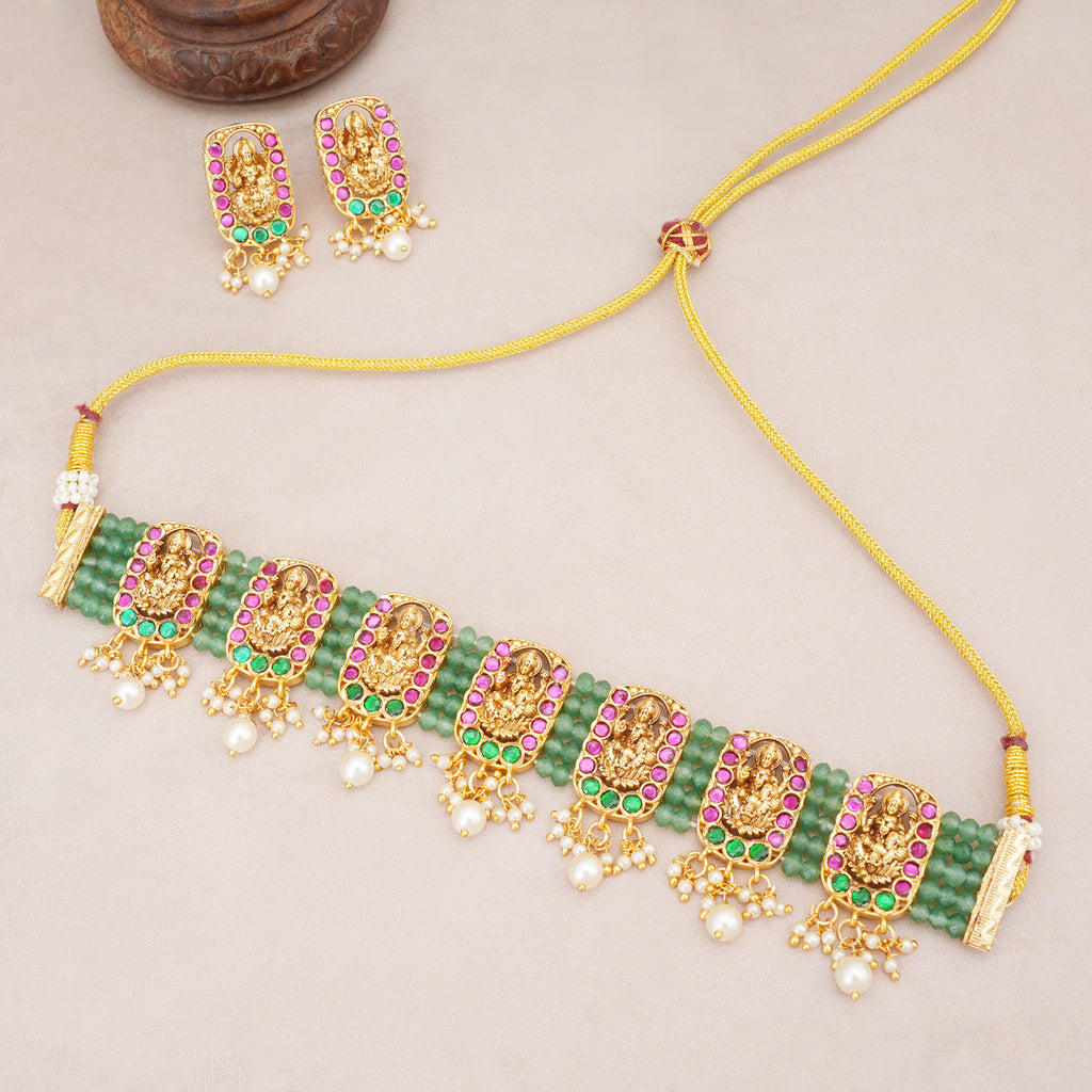 Stunning multicolor antique gold maa lakshmi necklace set