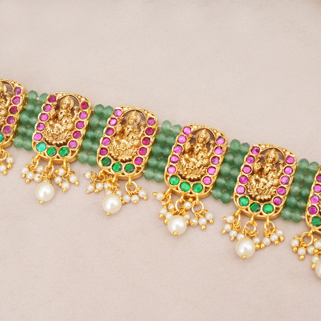 Stunning multicolor antique gold maa lakshmi necklace set