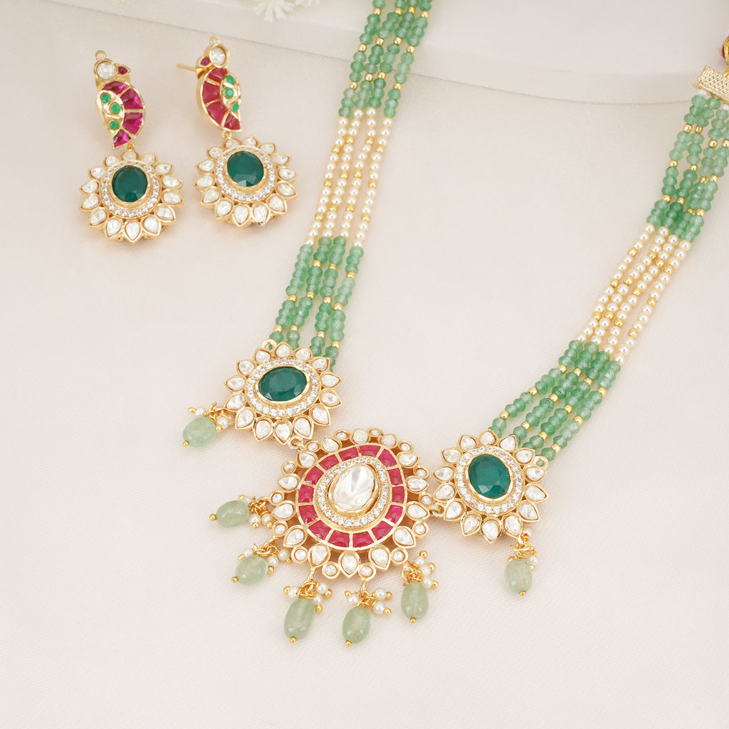 Emerald Beaded Kundan Necklace Set