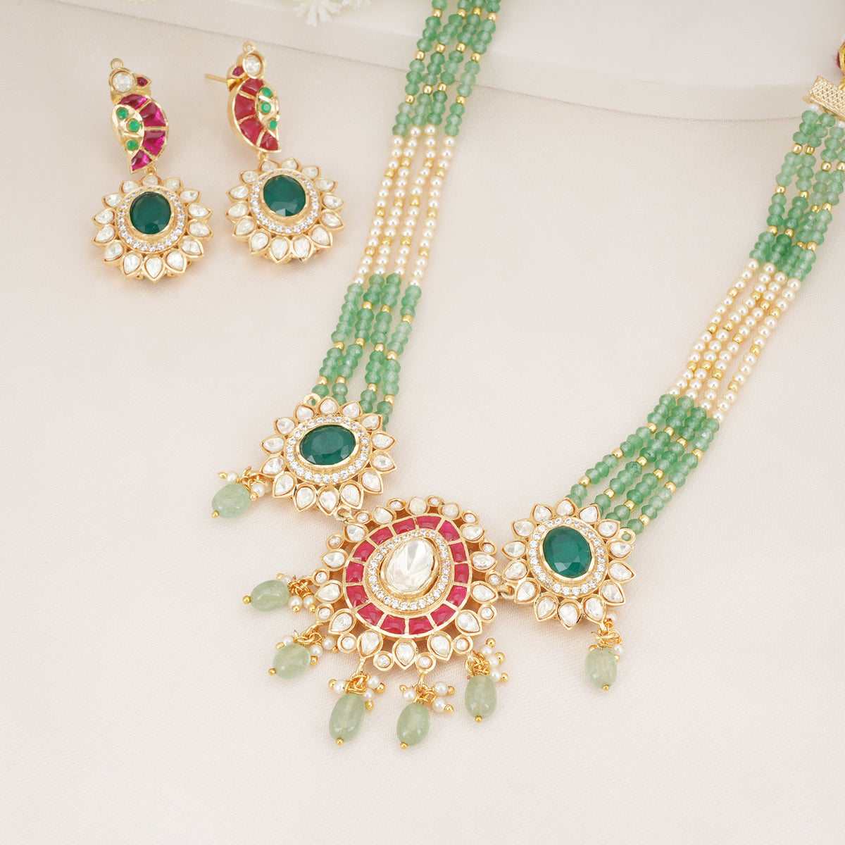 Emerald Beaded Kundan Necklace Set
