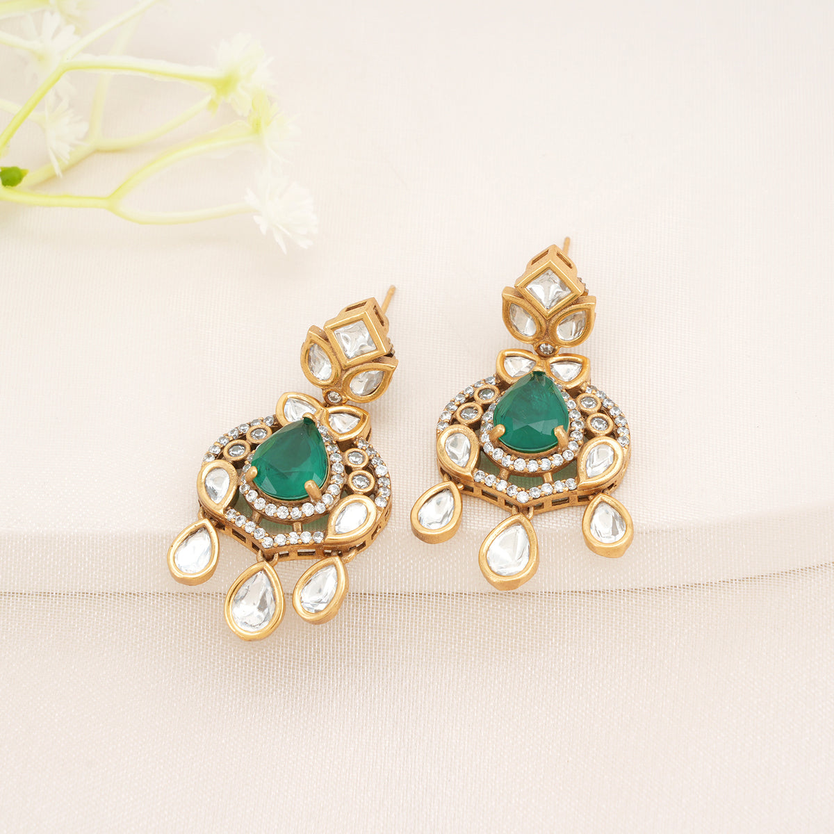 Emerald Green Tear drop Kundan Earrings