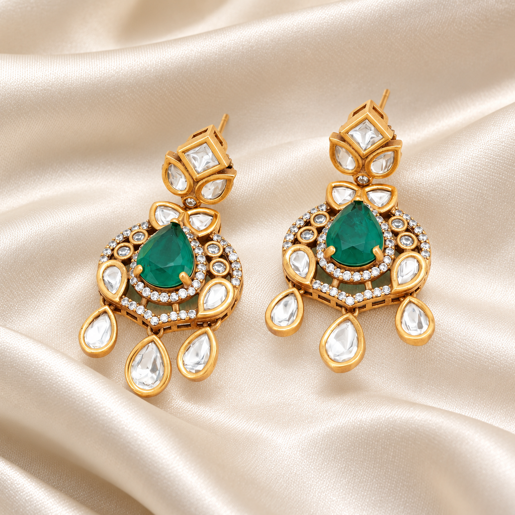 Emerald Green Tear drop Kundan Earrings