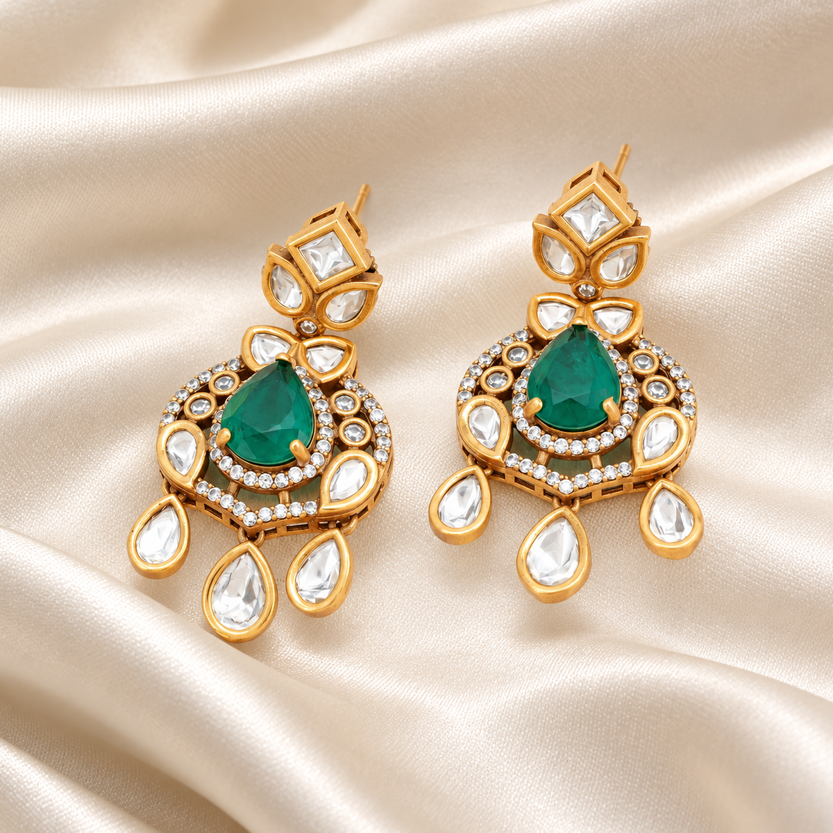 Emerald Green Tear drop Kundan Earrings
