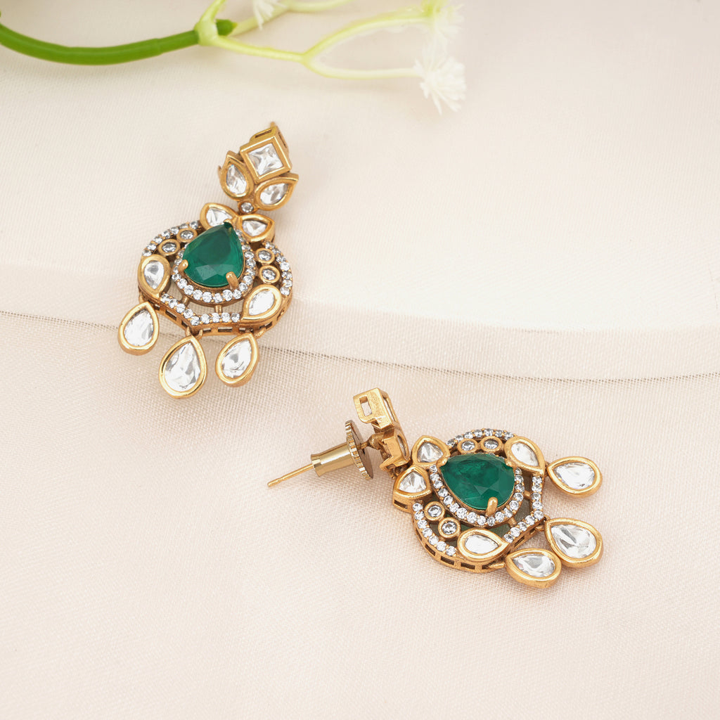 Emerald Green Tear drop Kundan Earrings