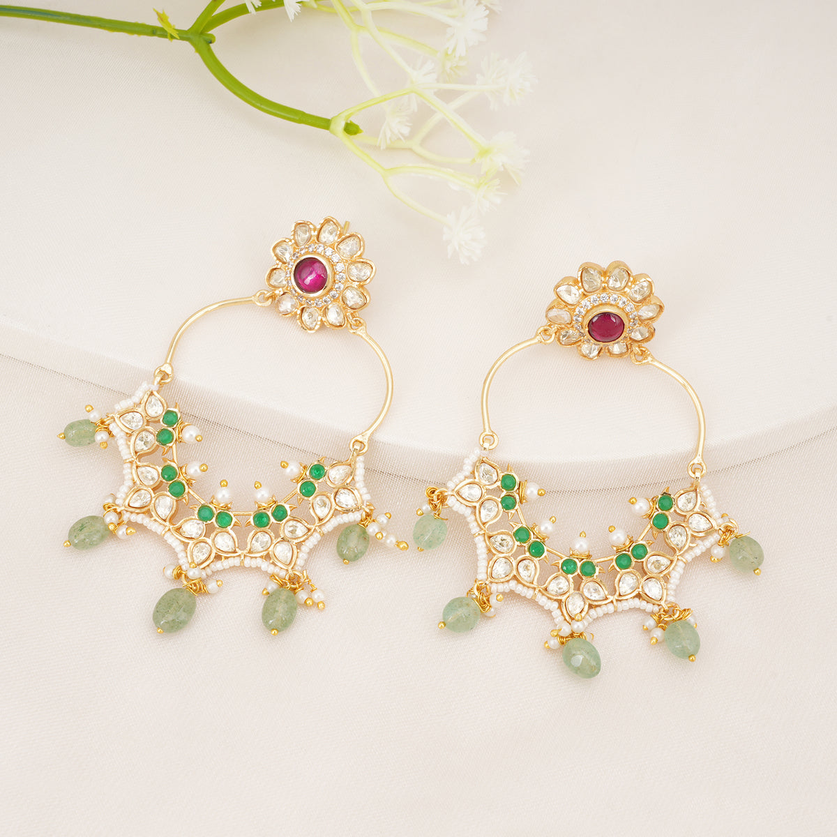 Green Kundan Chandbali Earrings