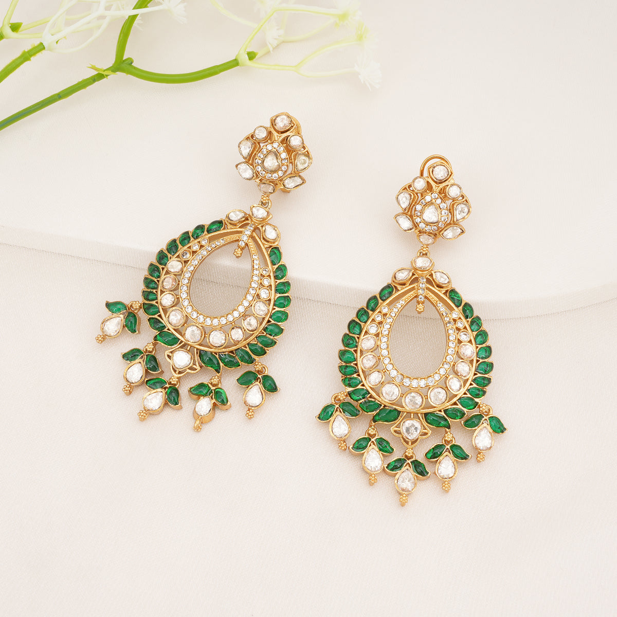 Emerald Leaf Kundan Chandbali Earrings