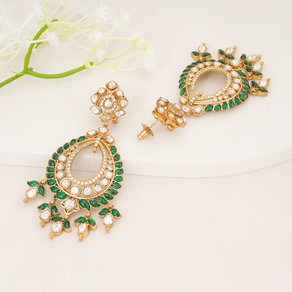 Emerald Leaf Kundan Chandbali Earrings
