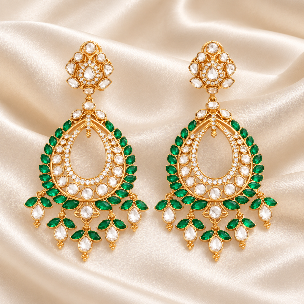Emerald Leaf Kundan Chandbali Earrings