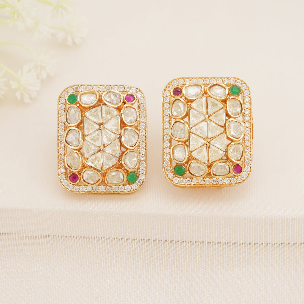 Ruby Emerald Geometric Kundan Stud Earrings