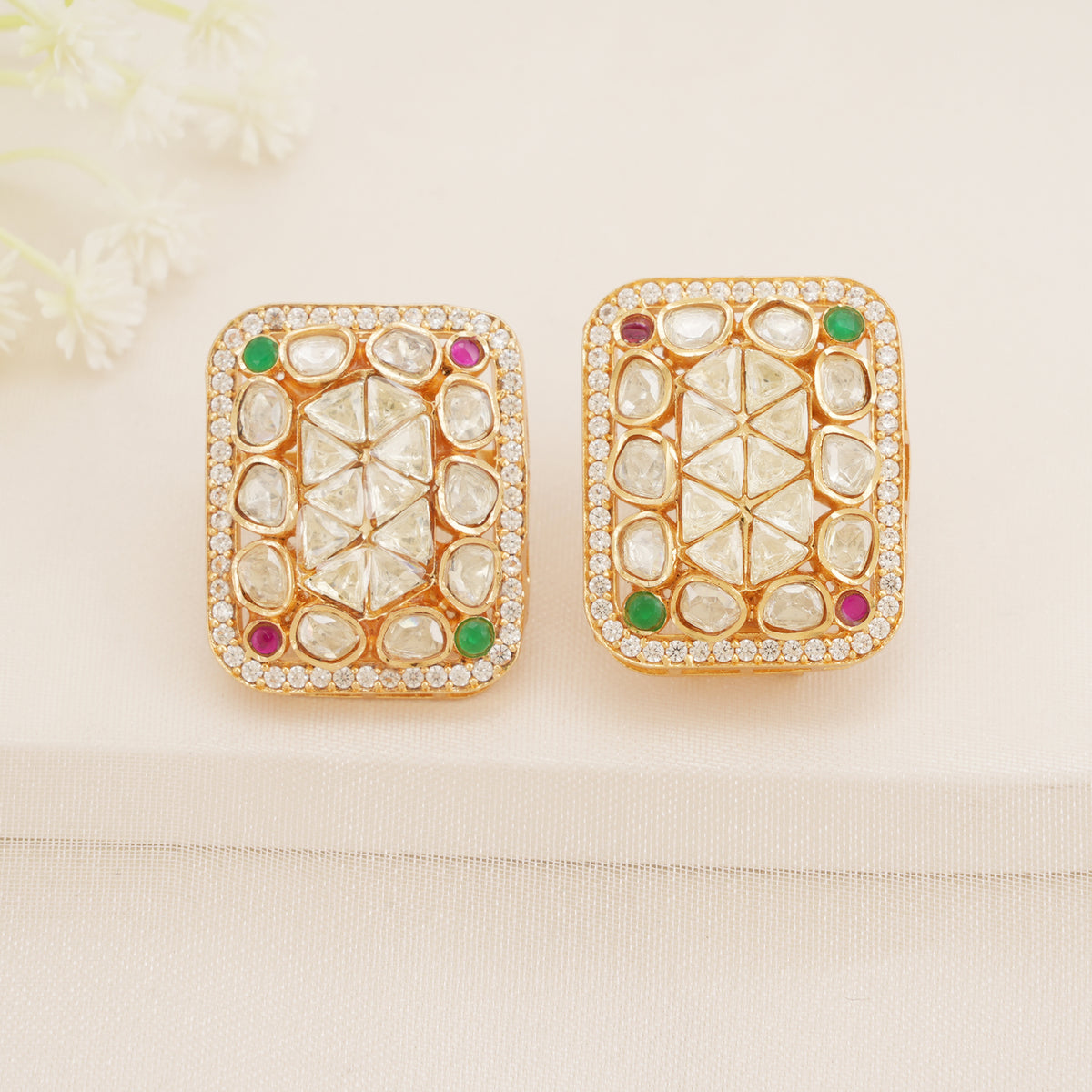 Ruby Emerald Geometric Kundan Stud Earrings