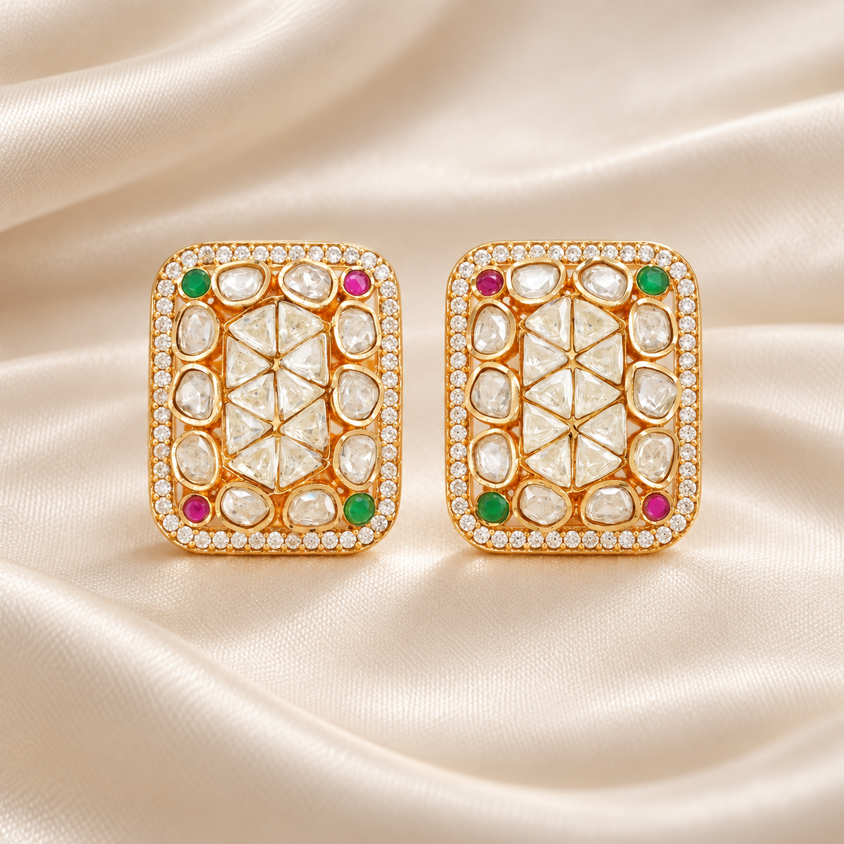 Ruby Emerald Geometric Kundan Stud Earrings