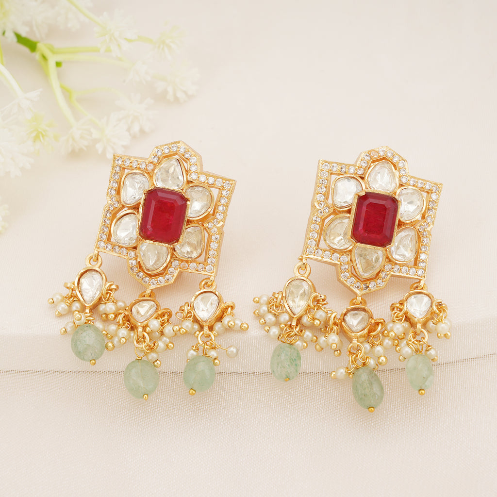 Ruby Red Kundan Earrings with Pearl & Green Bead Drops