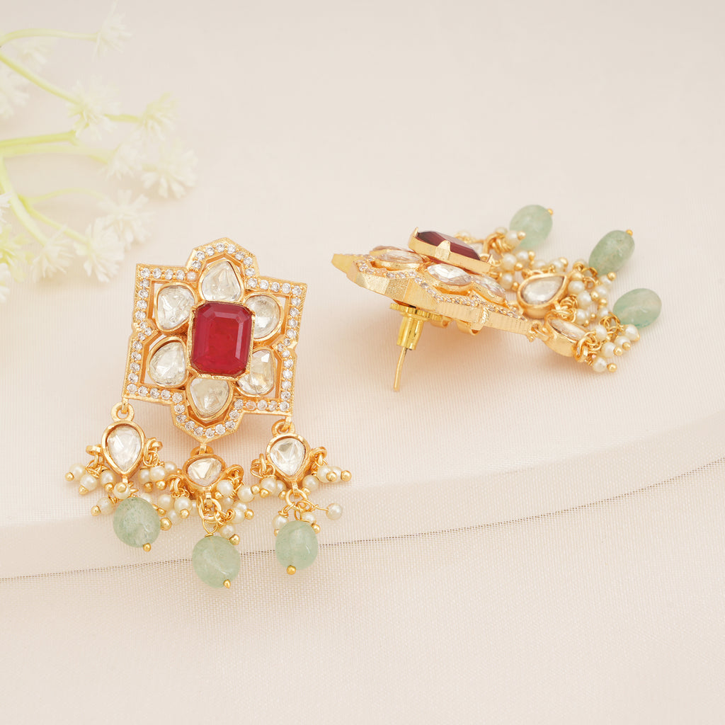 Ruby Red Kundan Earrings with Pearl & Green Bead Drops