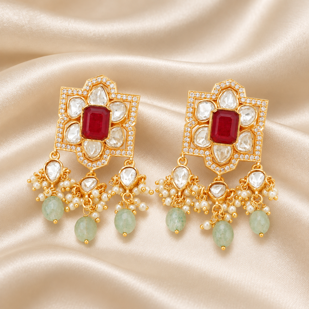 Ruby Red Kundan Earrings with Pearl & Green Bead Drops