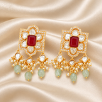 Ruby Red Kundan Earrings with Pearl & Green Bead Drops