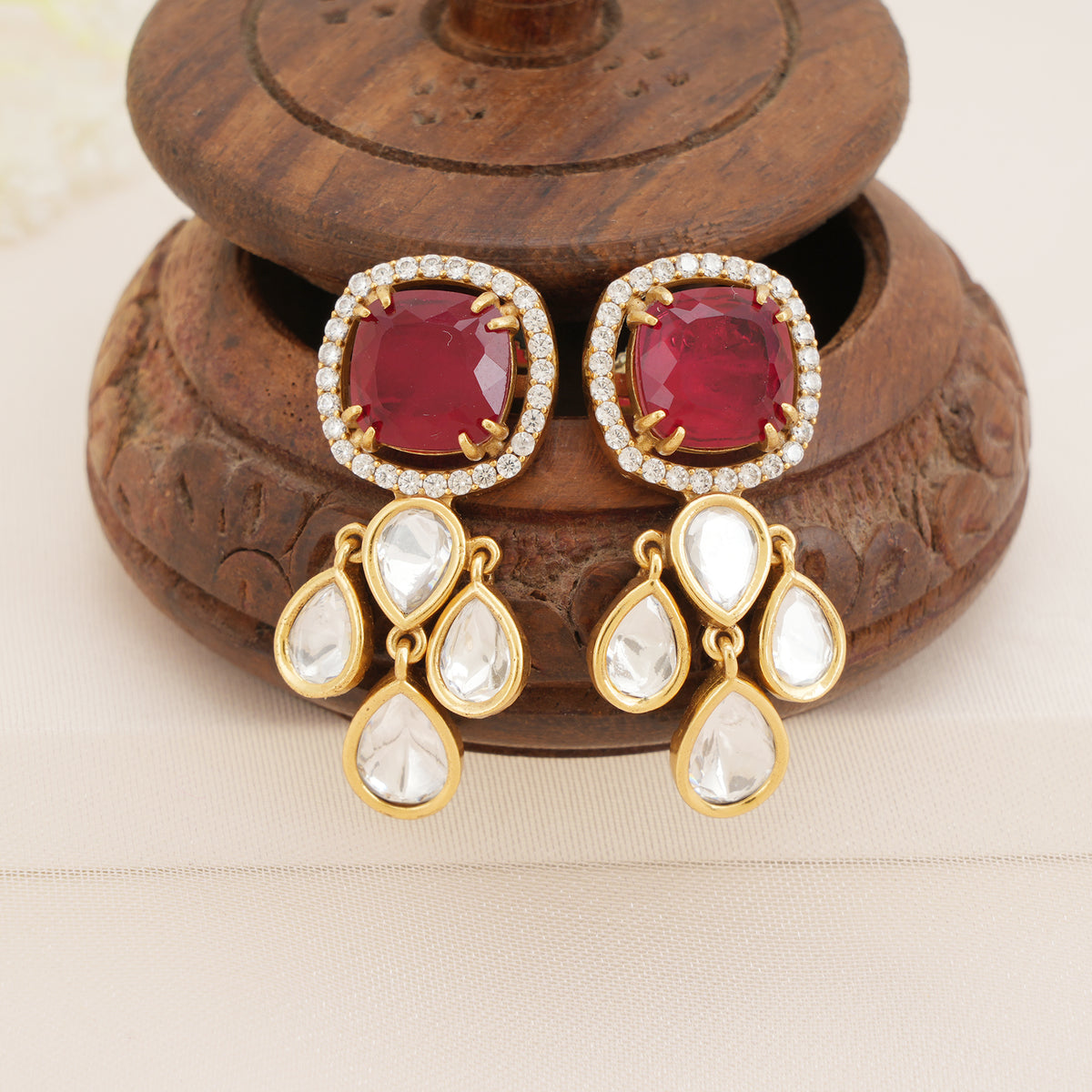 Ruby Red Kundan Earrings with Tear drop Drops
