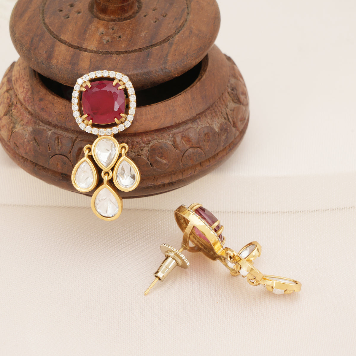 Ruby Red Kundan Earrings with Tear drop Drops