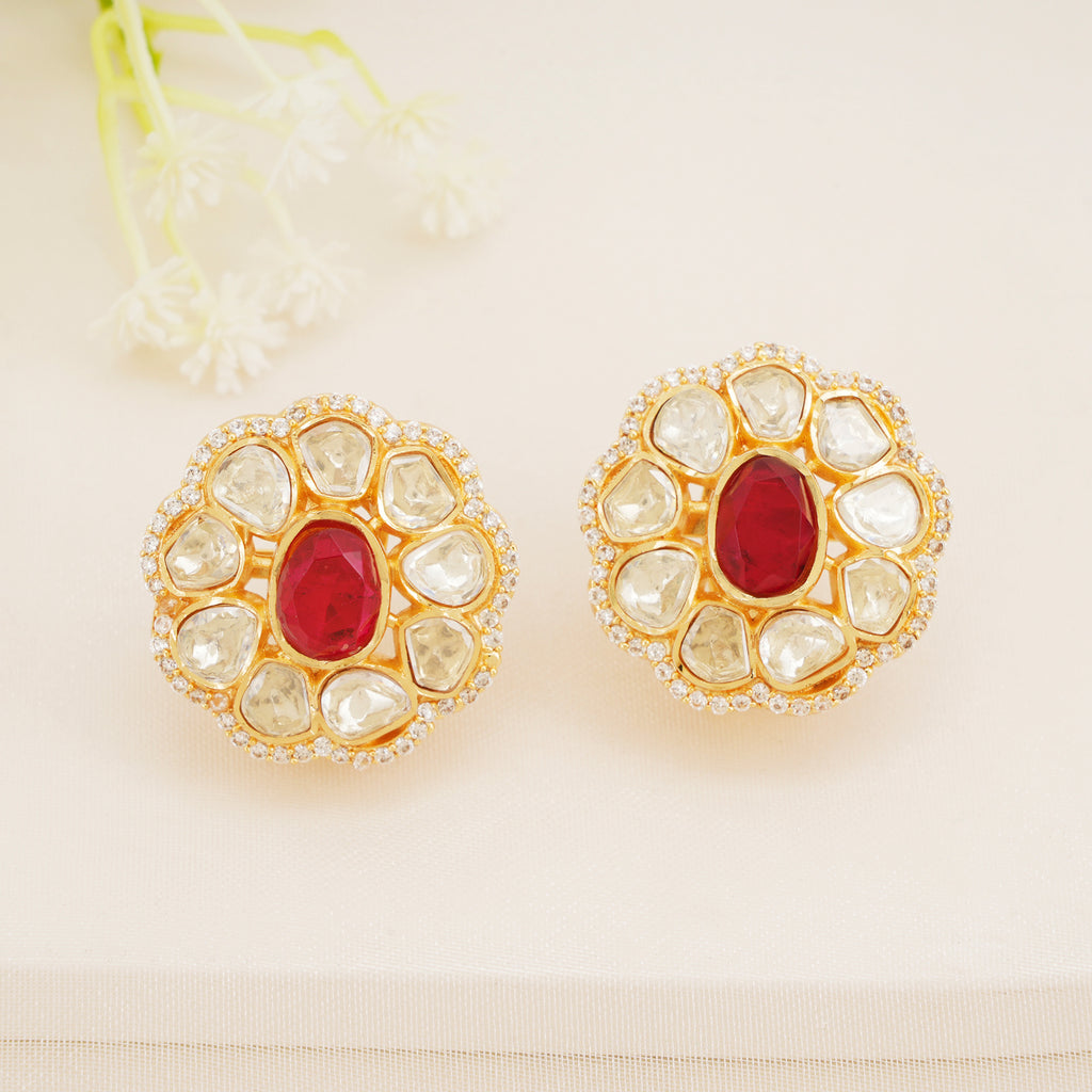Ruby Red Floral Kundan Stud Earrings
