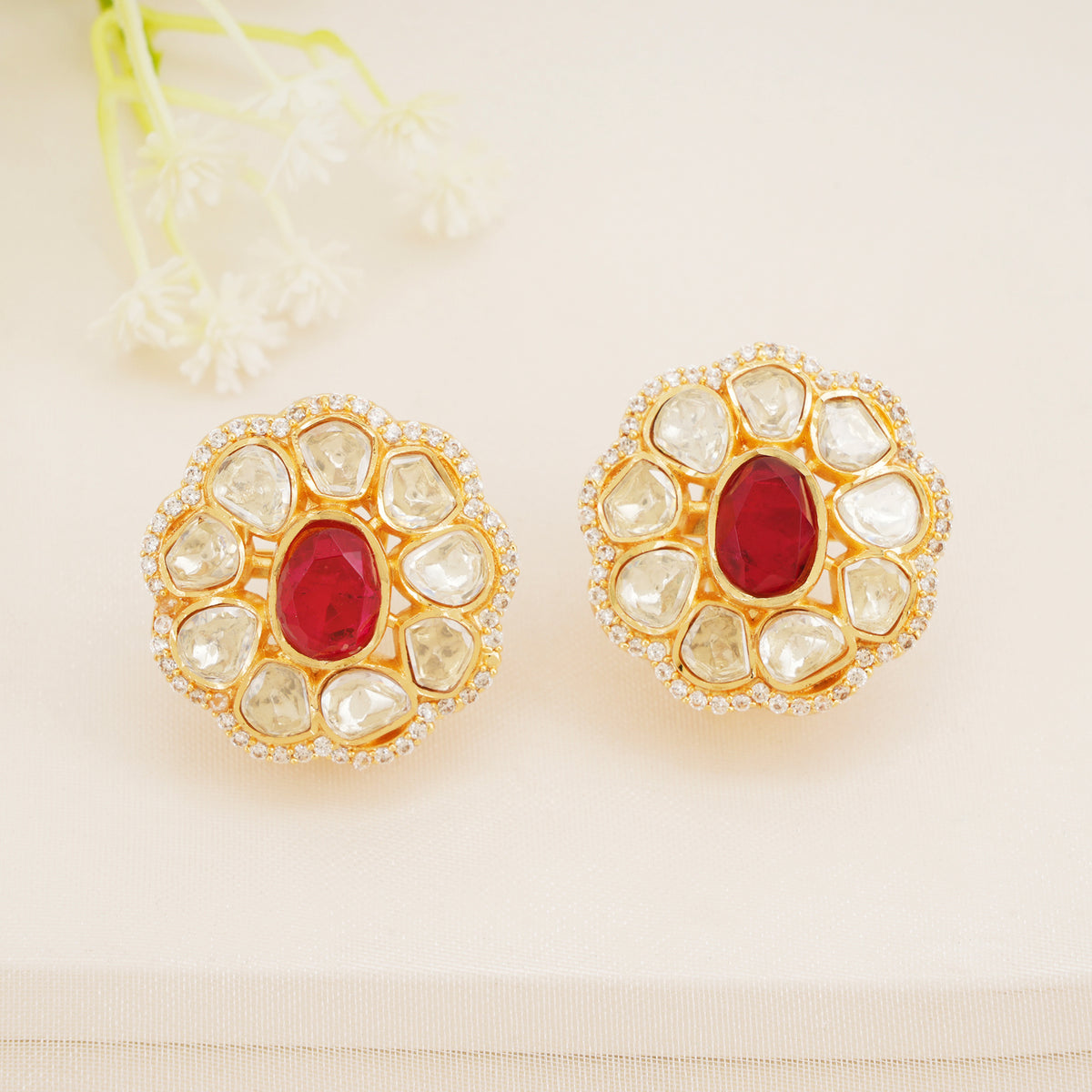 Ruby Red Floral Kundan Stud Earrings