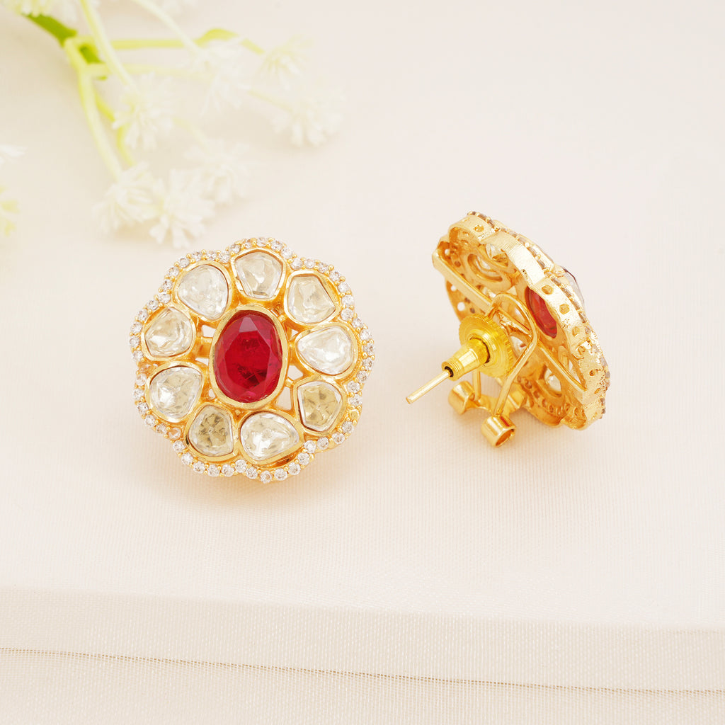Ruby Red Floral Kundan Stud Earrings