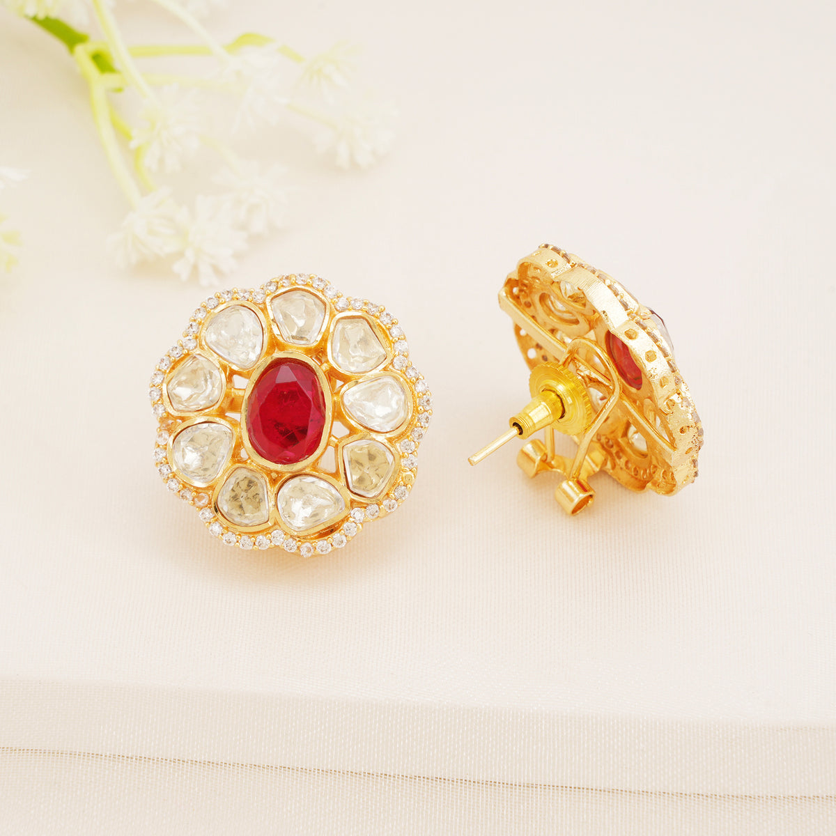 Ruby Red Floral Kundan Stud Earrings