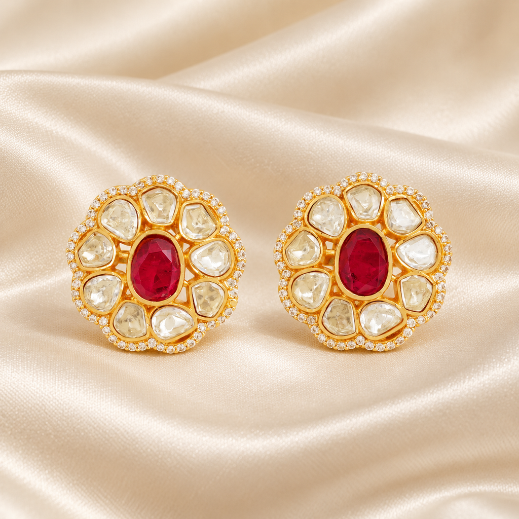 Ruby Red Floral Kundan Stud Earrings