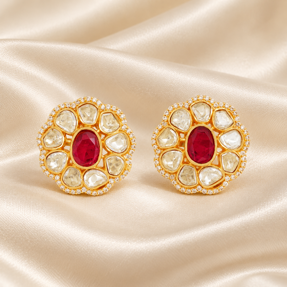 Ruby Red Floral Kundan Stud Earrings