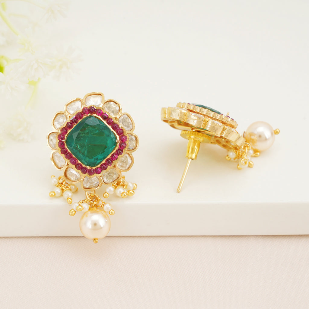Emerald Green Kundan Earrings with Pearl Drops