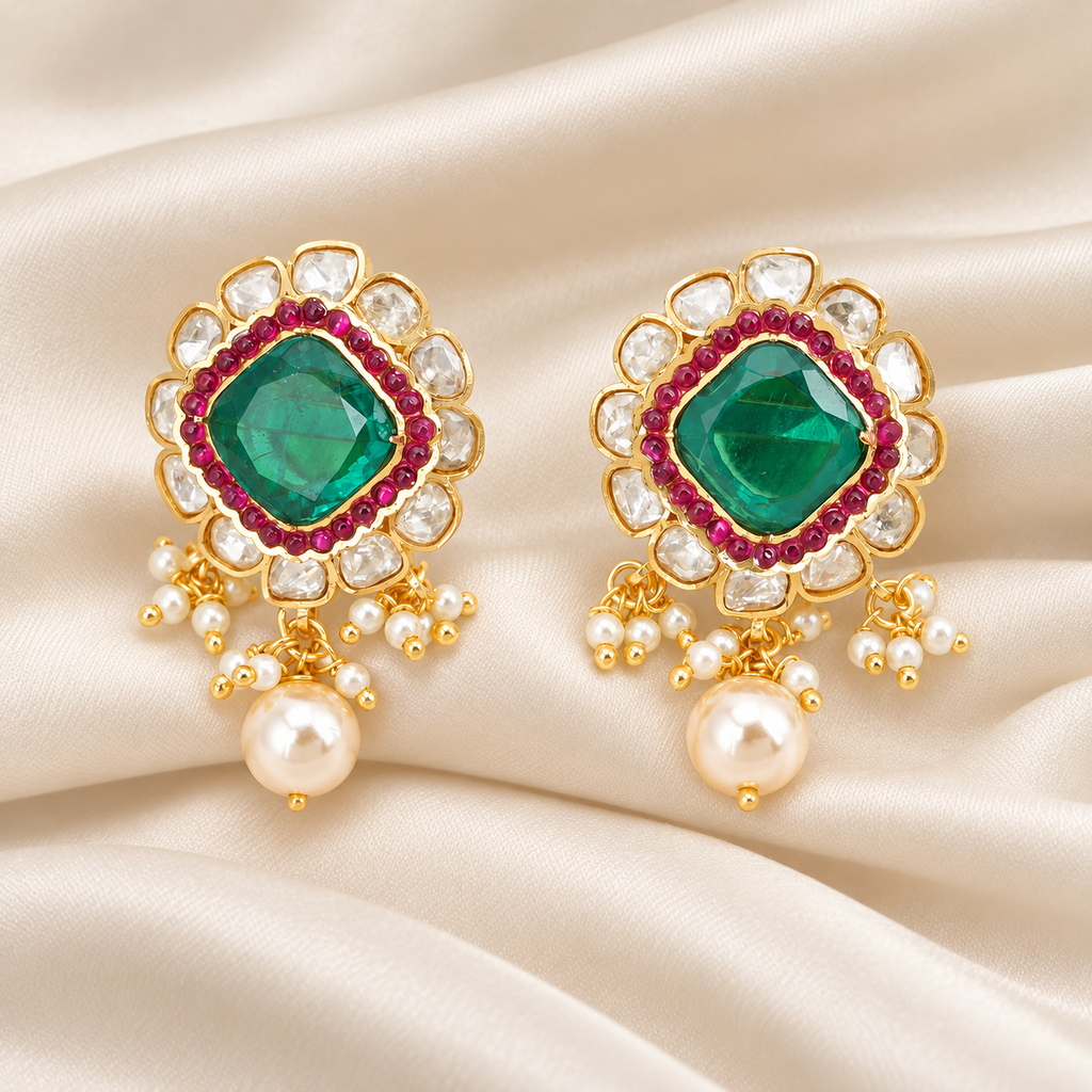 Emerald Green Kundan Earrings with Pearl Drops