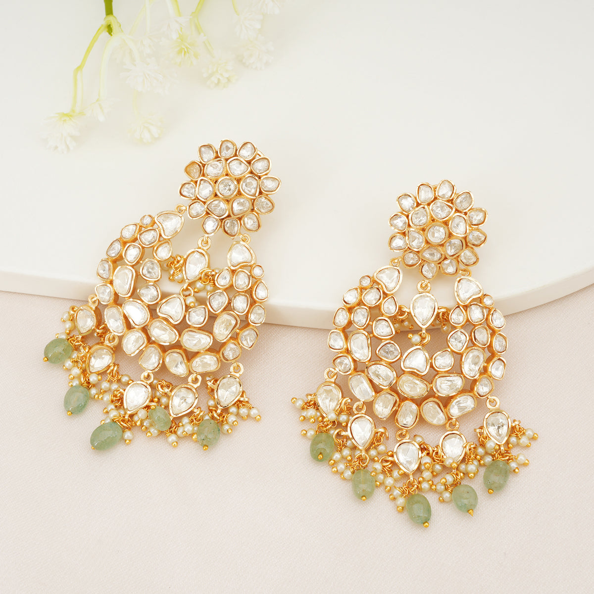 Green Beaded Kundan Chandbali Earrings