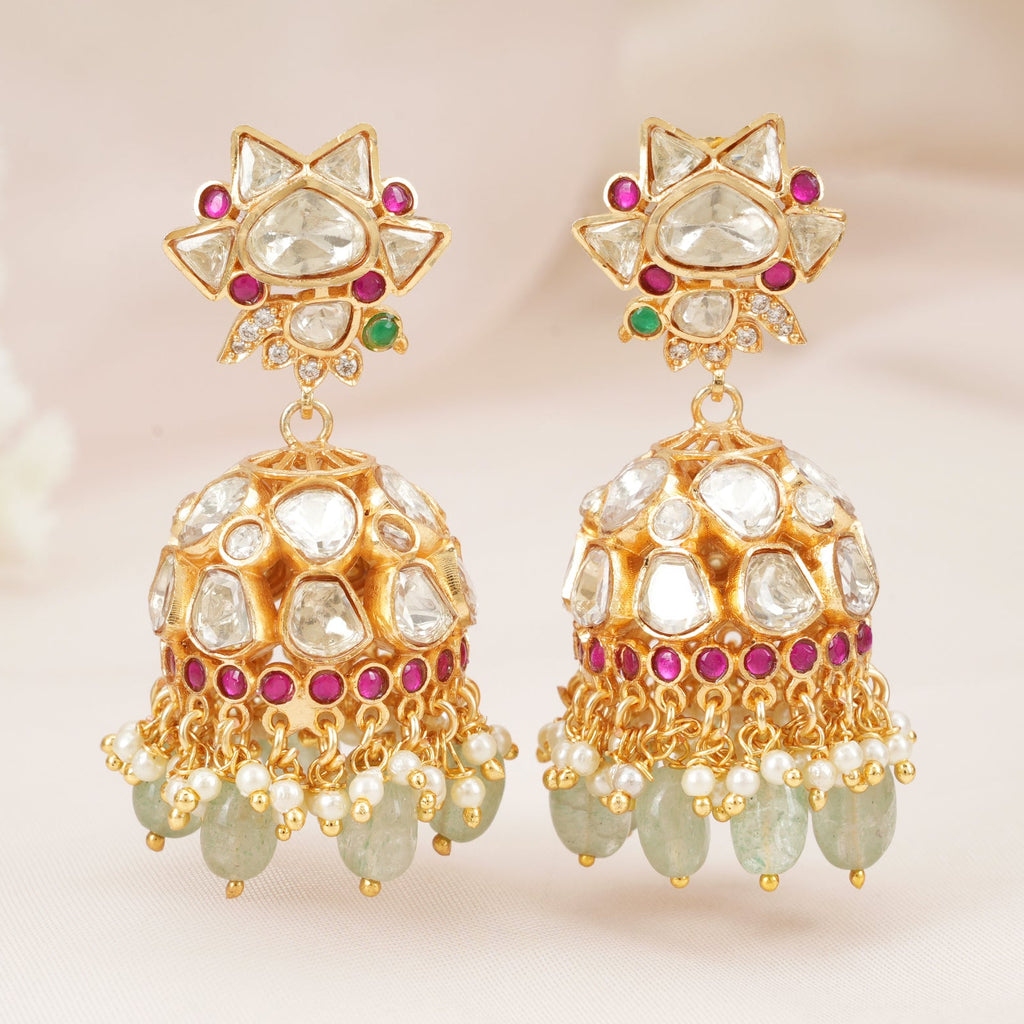 Ruby Kundan Jhumka Earrings with Green Beads