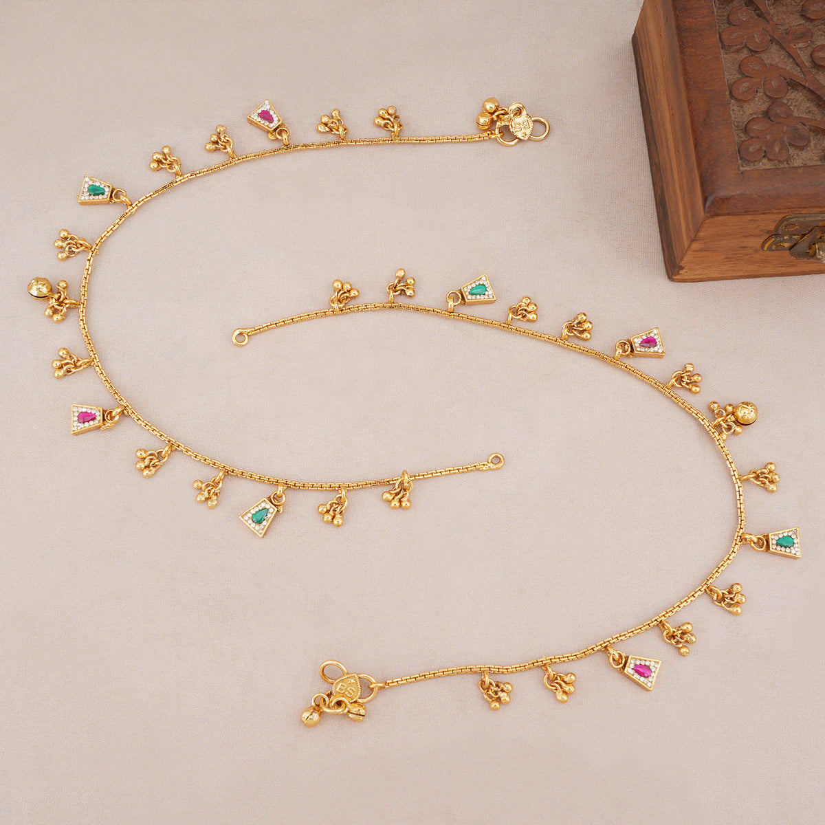 Gold Pink & Green Ghungroo Anklet set