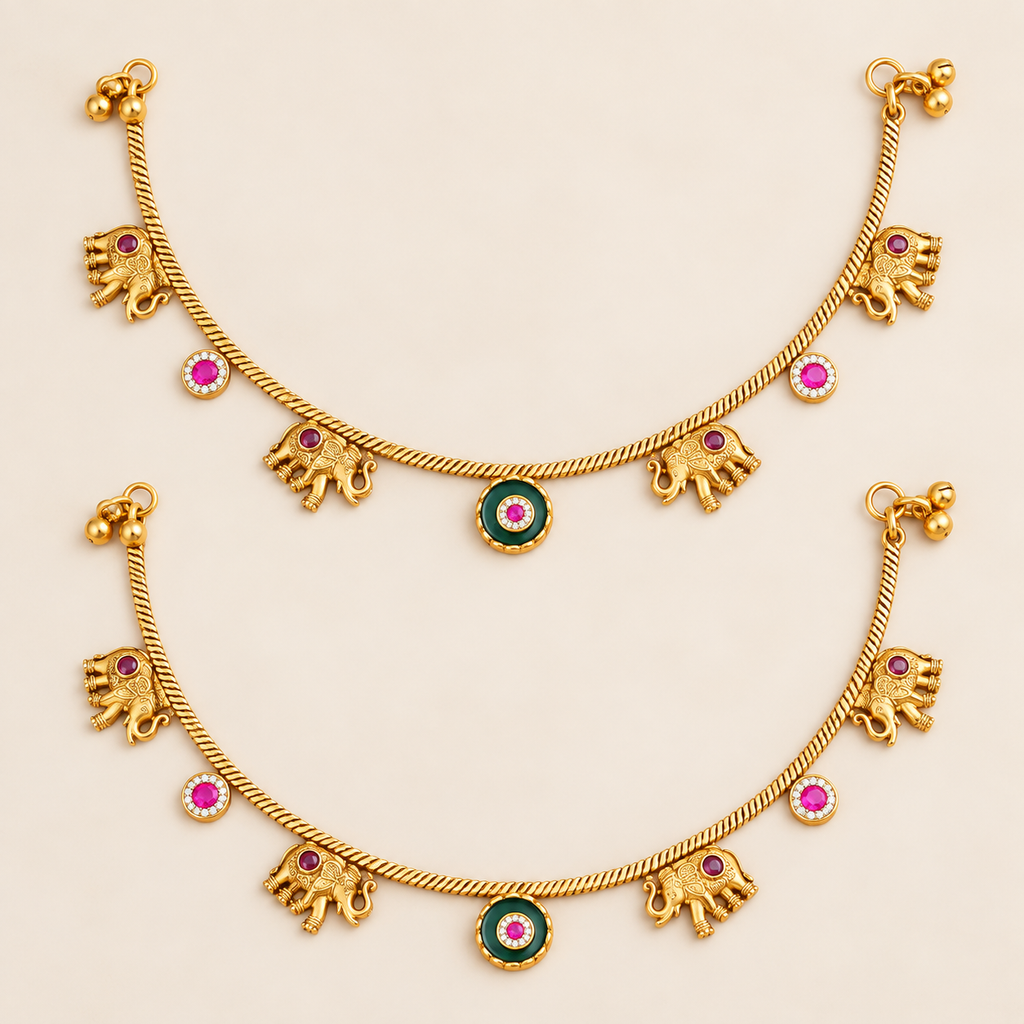 Gold Gajraaj Elephant Charm Gold Anklet set