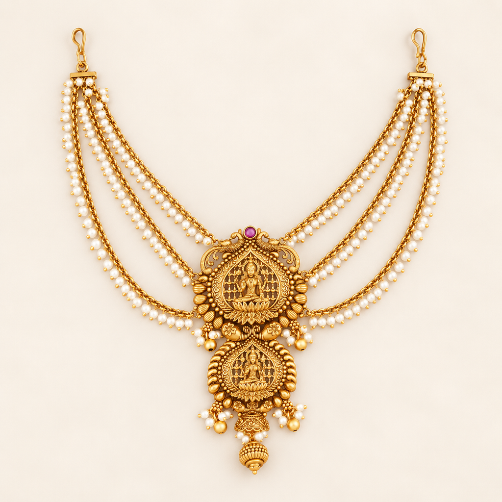 Antique Gold Mahalakshmi Pearl Temple Hair Accessory