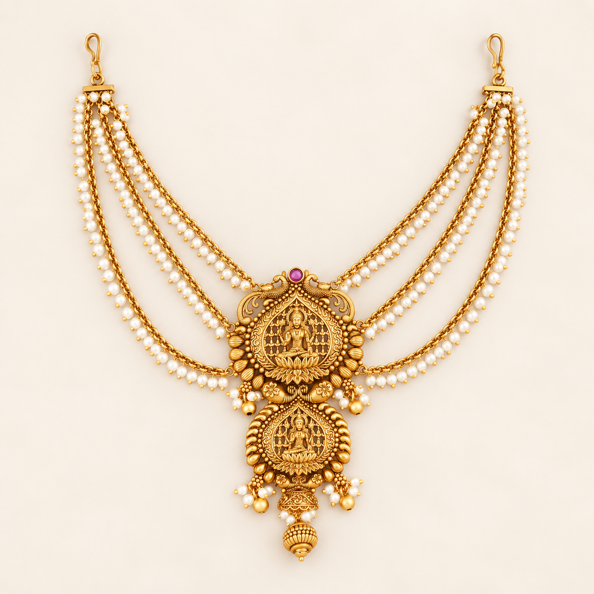 Antique Gold Mahalakshmi Pearl Temple Hair Accessory