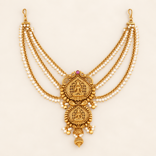 Antique Gold Mahalakshmi Pearl Temple Hair Accessory